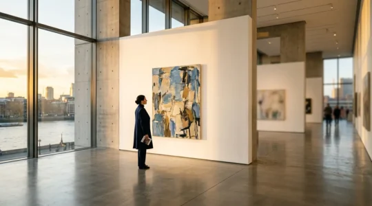 A sophisticated museum visitor observing contemporary art in a London gallery space