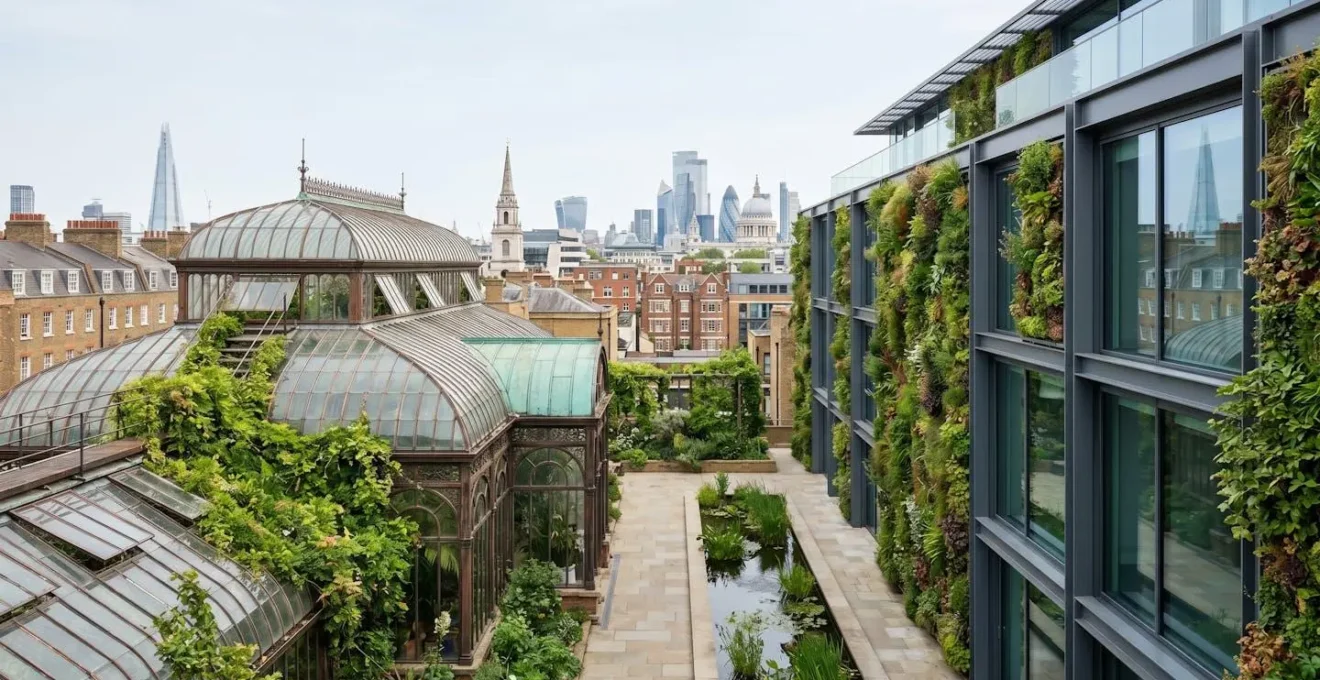 Aerial view of London's modern biophilic architecture blending with Victorian heritage