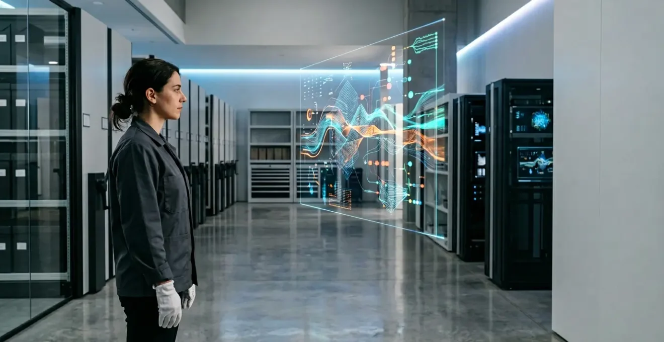 Museum conservator examining holographic data visualization of interactive art preservation timeline in modern archive facility