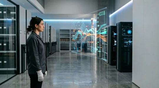 Museum conservator examining holographic data visualization of interactive art preservation timeline in modern archive facility