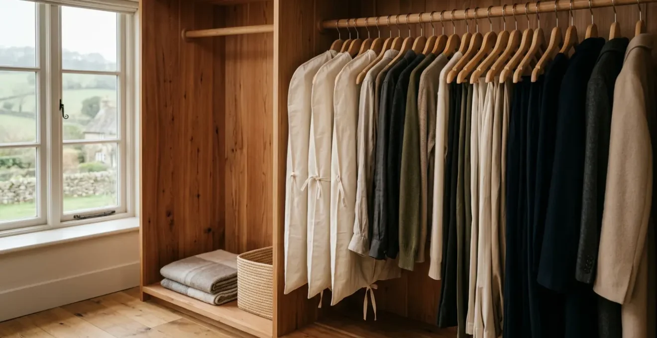 Elegant biodegradable luxury garments carefully stored in British wardrobe with natural preservation methods