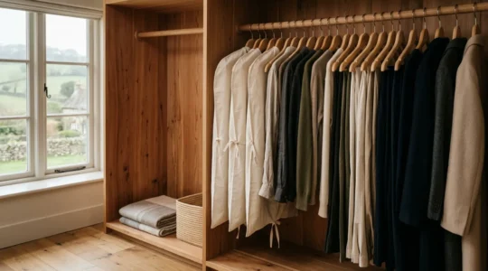 Elegant biodegradable luxury garments carefully stored in British wardrobe with natural preservation methods