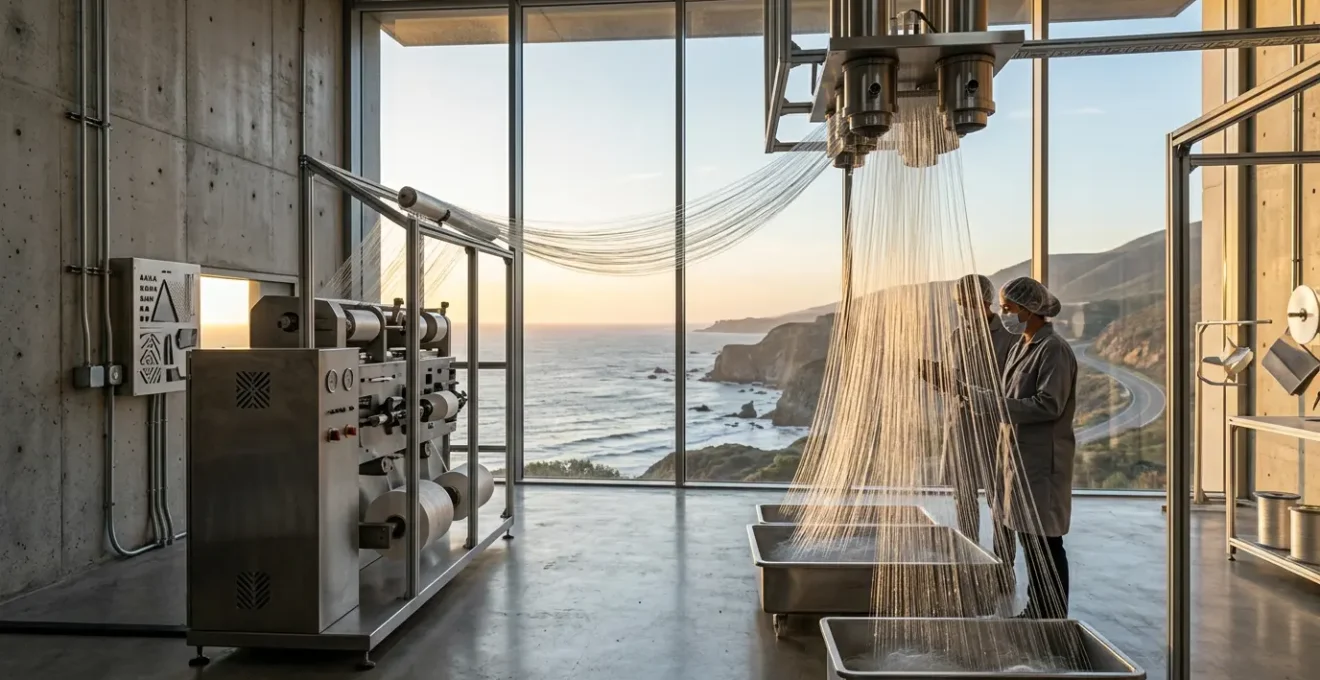 Luxury textile designer examining ocean-sourced recycled polymer fibers in a state-of-the-art textile laboratory