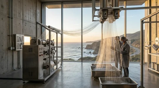 Luxury textile designer examining ocean-sourced recycled polymer fibers in a state-of-the-art textile laboratory
