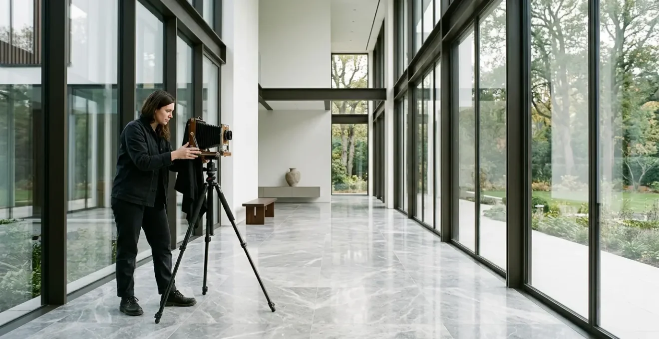 Professional photographer capturing luxury property interior with sophisticated lighting equipment