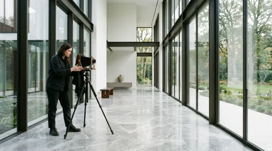 Professional photographer capturing luxury property interior with sophisticated lighting equipment