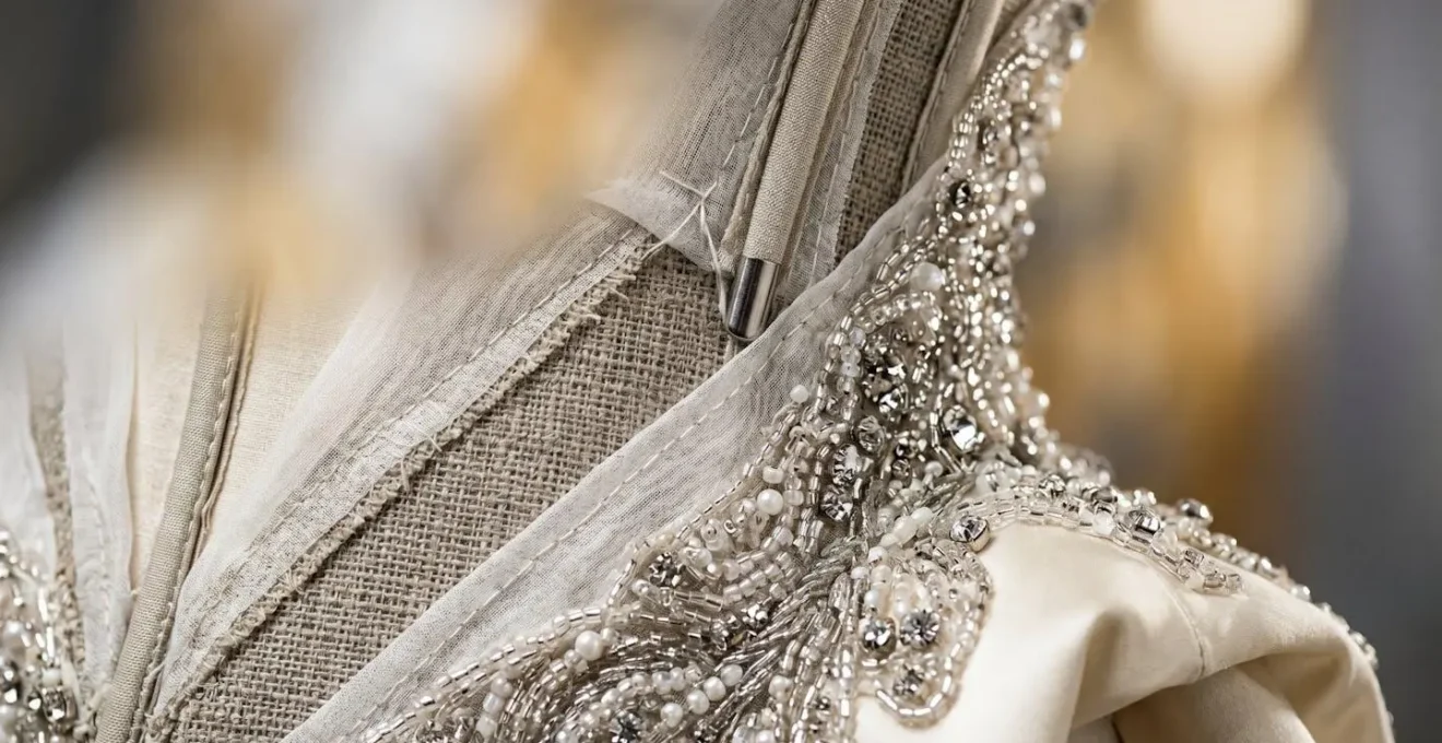 Extreme close-up of hand-beaded couture embroidery showing intricate structural details