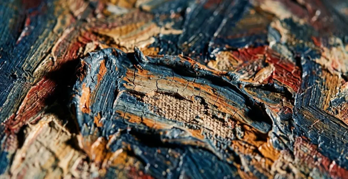 Extreme close-up of oil painting surface showing paint texture and canvas weave patterns