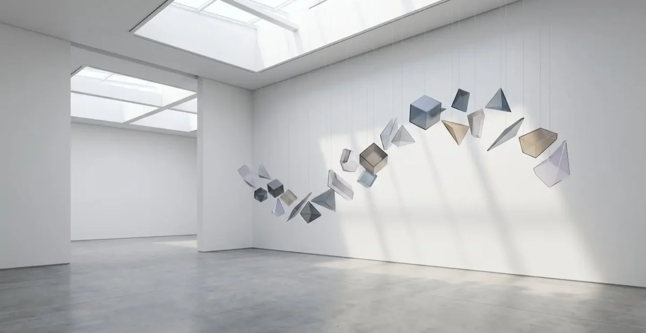 Minimalist gallery space with floating abstract geometric patterns representing market cycles