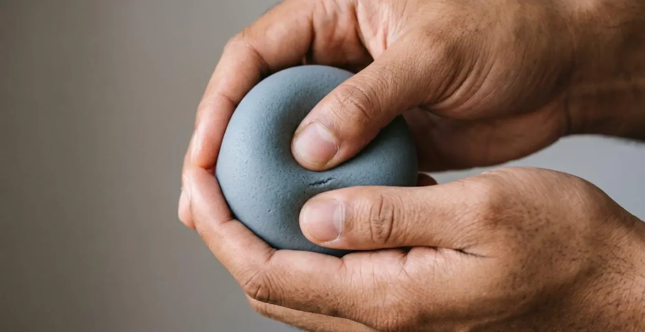 Close-up of hands holding a small tactile interactive object with a soft responsive surface