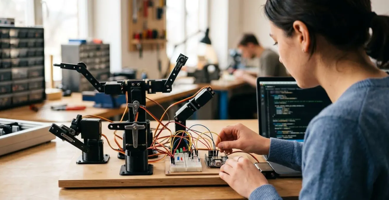 Technical workspace showing microcontroller board connected to multiple actuators in testing setup