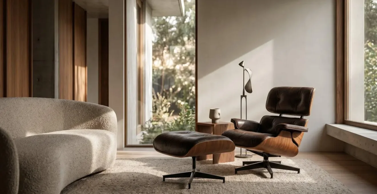 Mid-century modern interior with strategic furniture placement showcasing negative space and depth