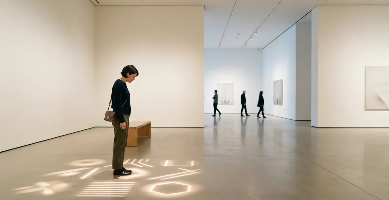 A visitor with sensory processing differences engaging with an interactive floor installation in a museum gallery space