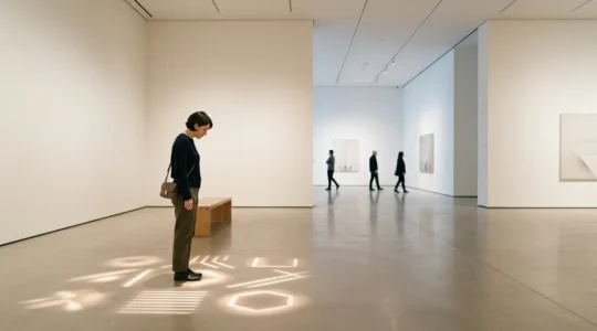 A visitor with sensory processing differences engaging with an interactive floor installation in a museum gallery space
