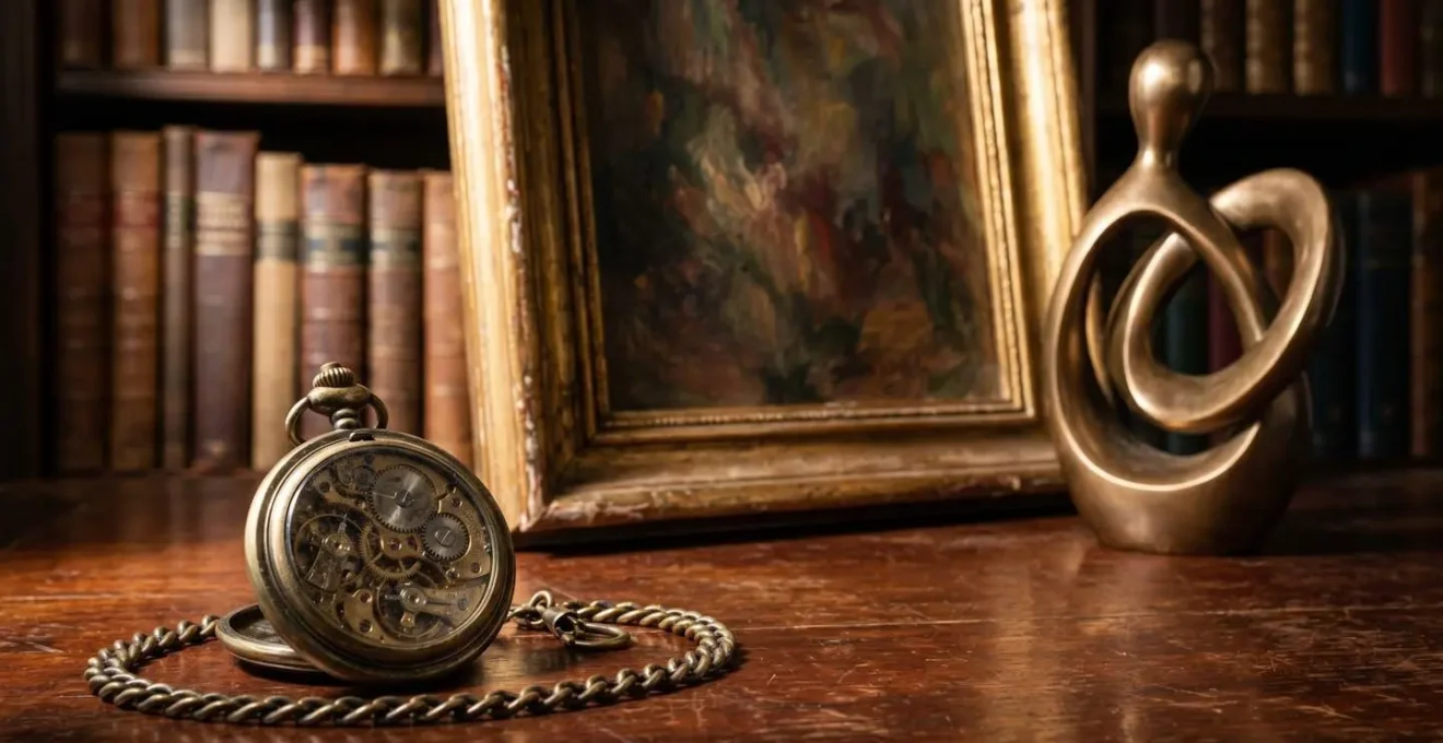 Three generations examining valuable paintings in stately home setting