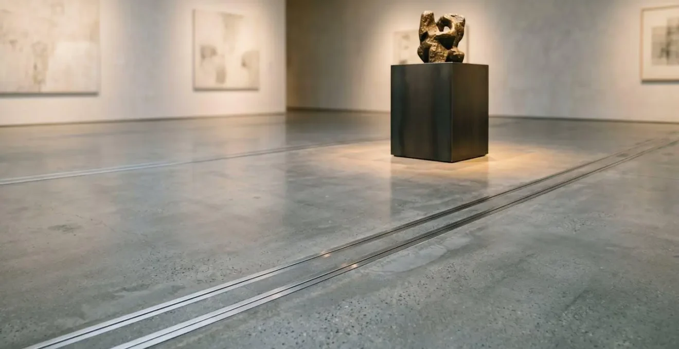 Wide-angle view of clean museum gallery floor showing integrated cable management system