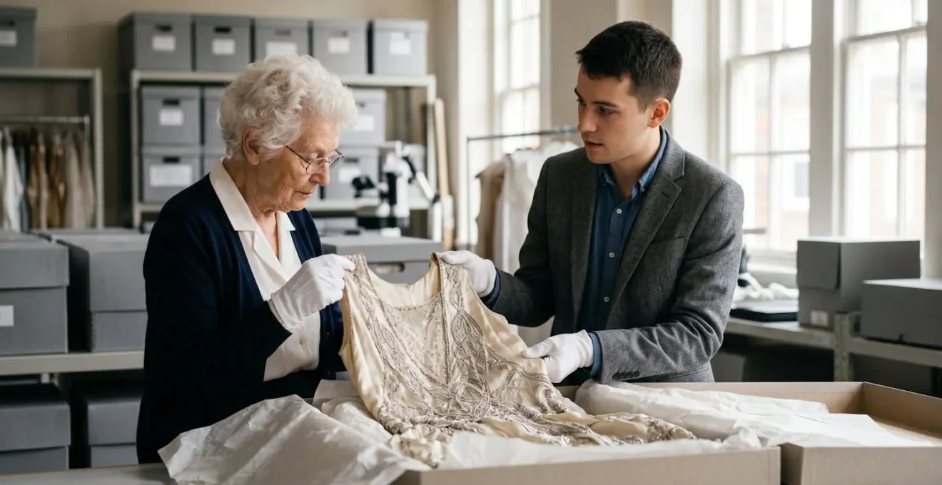 Designer and curator examining archival fashion piece during donation ceremony