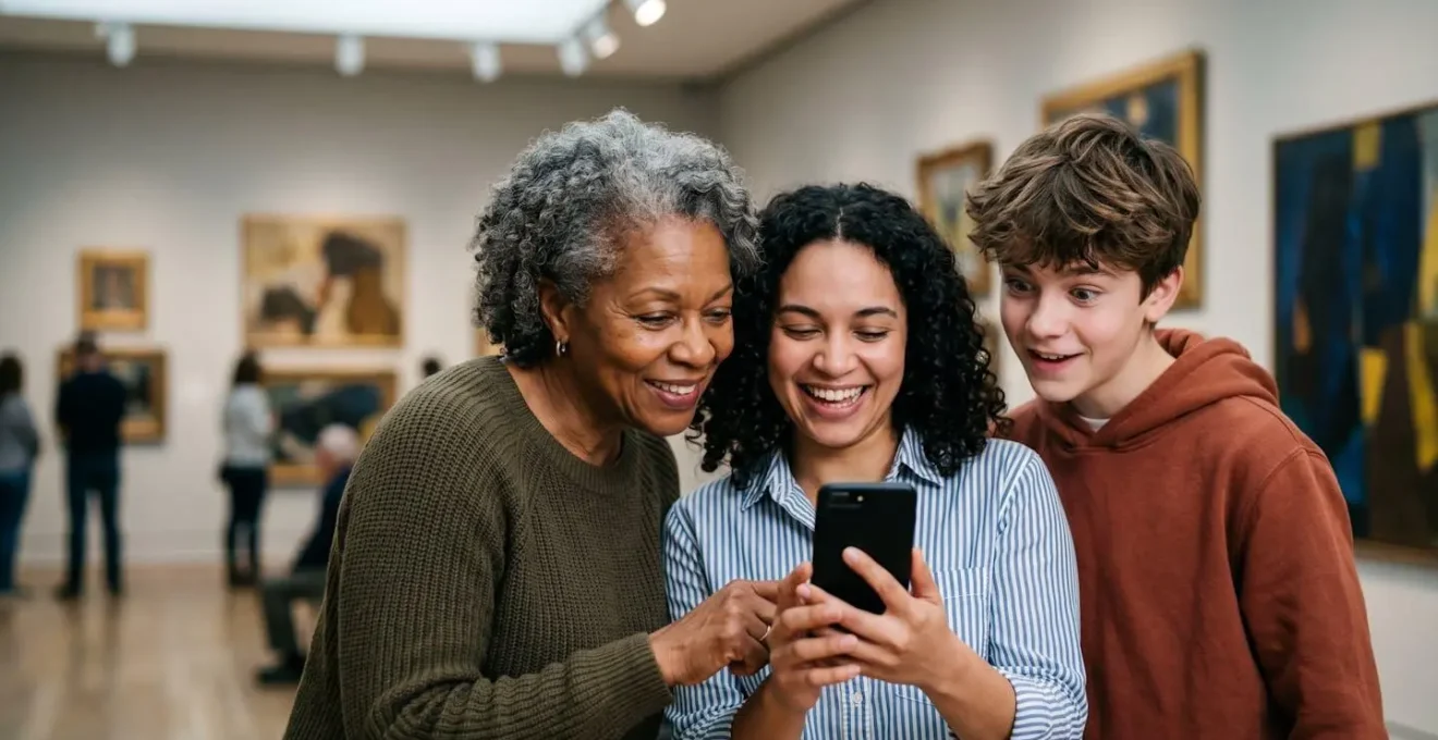 Small group of diverse museum visitors gathered around smartphone sharing AR experience