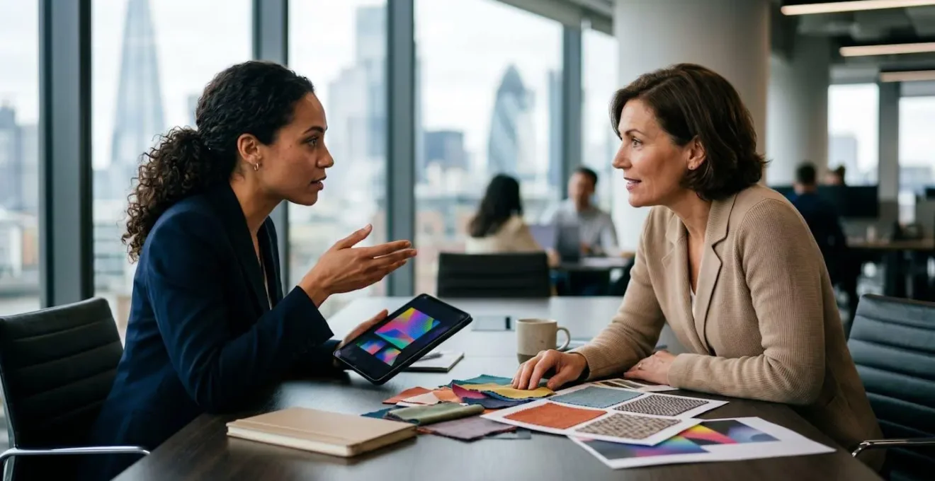 Professional meeting scene for licensing negotiations in modern UK office