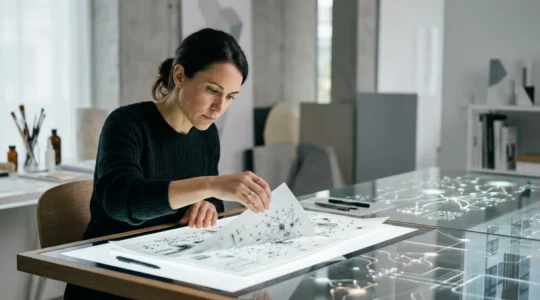 Professional artist working alongside visual representation of neural networks in creative studio space