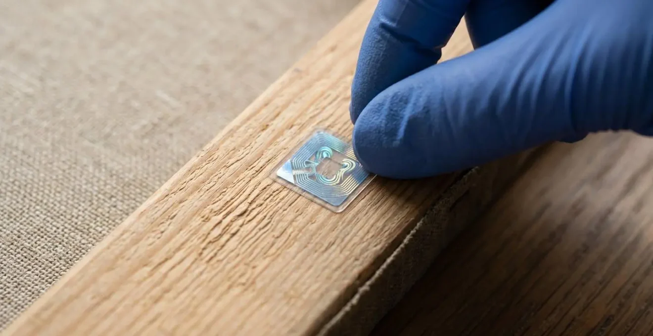 Extreme close-up of an NFC chip being applied to the back of a canvas stretcher bar