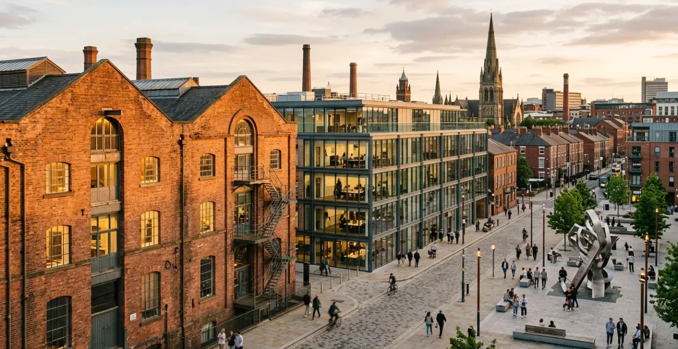 Contemporary view of a transformed industrial arts district in a Northern UK city showing creative studios alongside commercial developments