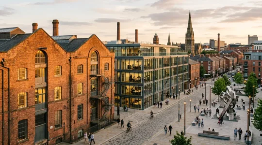 Contemporary view of a transformed industrial arts district in a Northern UK city showing creative studios alongside commercial developments