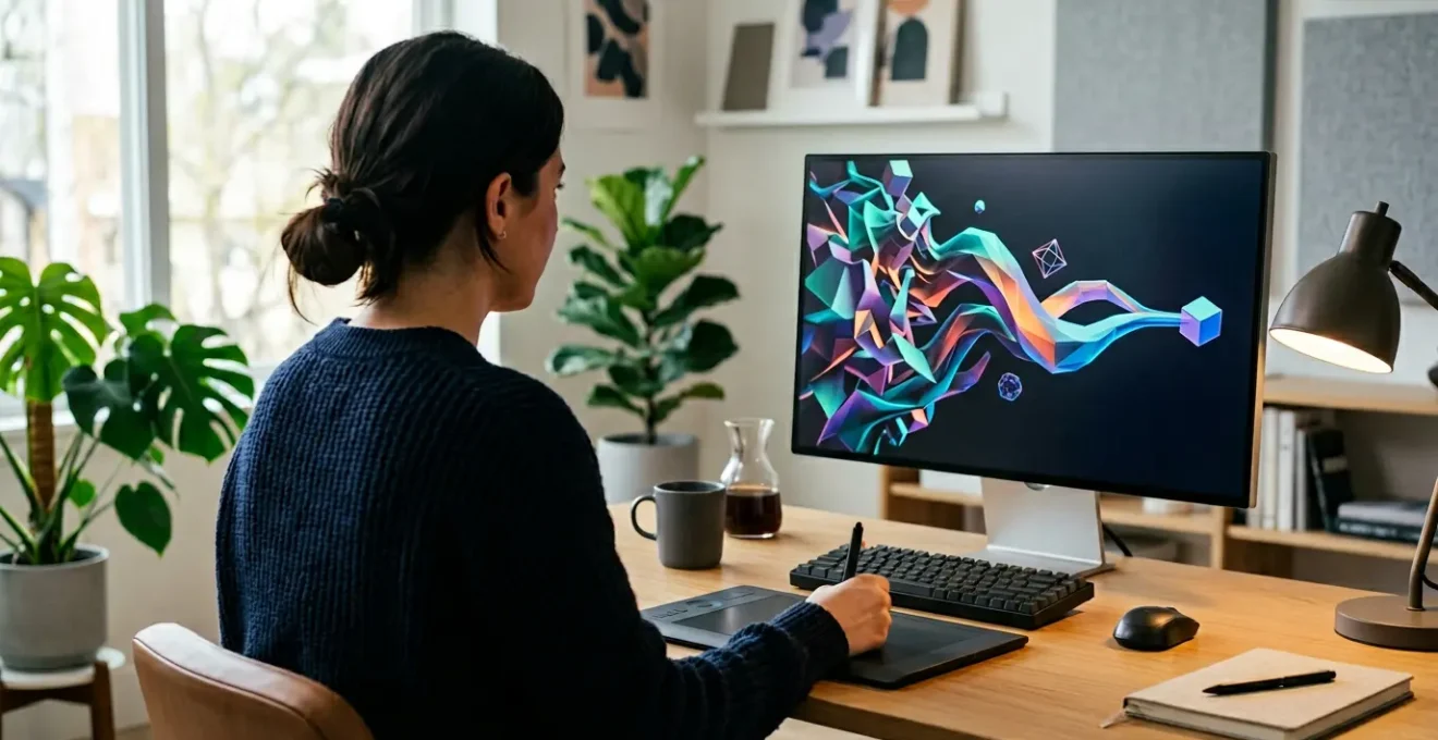 Professional digital art workspace showcasing 3D model optimization for web galleries