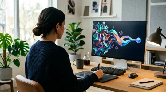 Professional digital art workspace showcasing 3D model optimization for web galleries