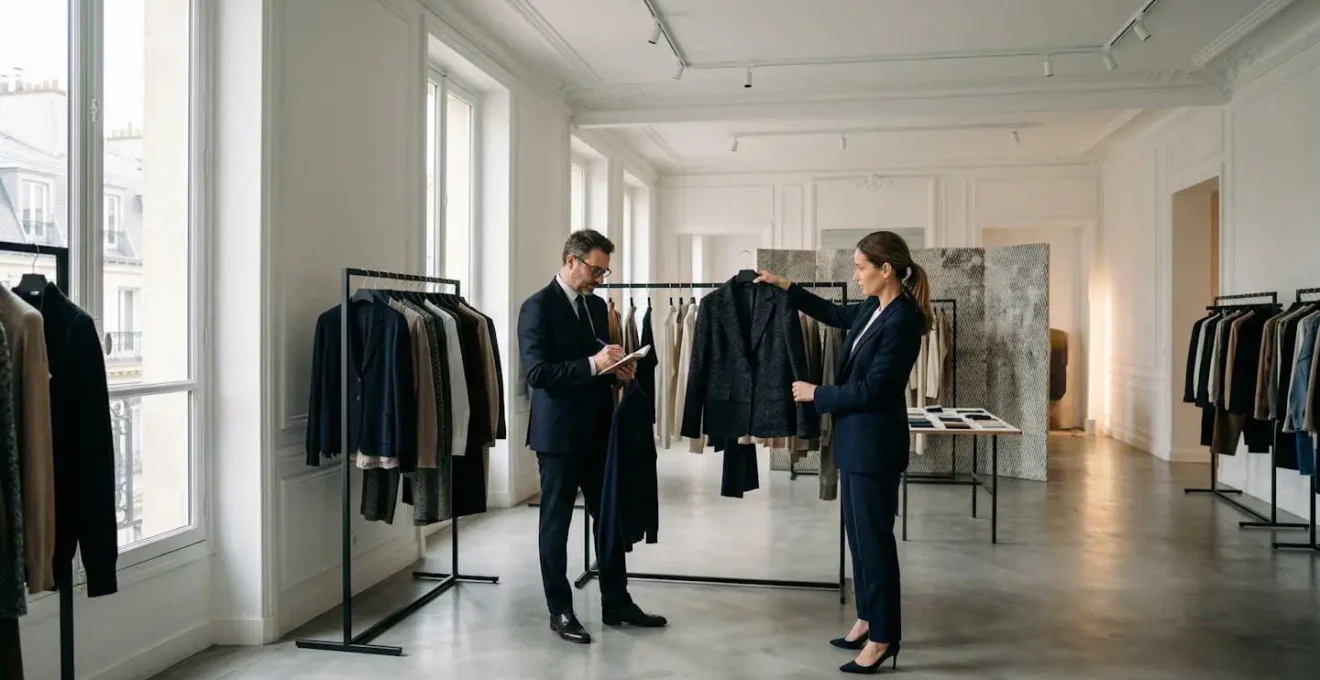 Fashion buyers examining luxury collection pieces in elegant Paris showroom during Fashion Week