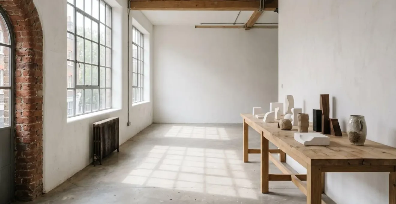 Wide shot of empty contemporary creative studio space with natural light and minimal furnishings