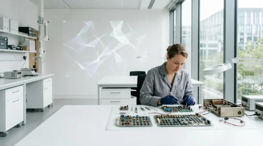 Professional editorial photograph showing hands working on preserving digital generative art installation with projected patterns