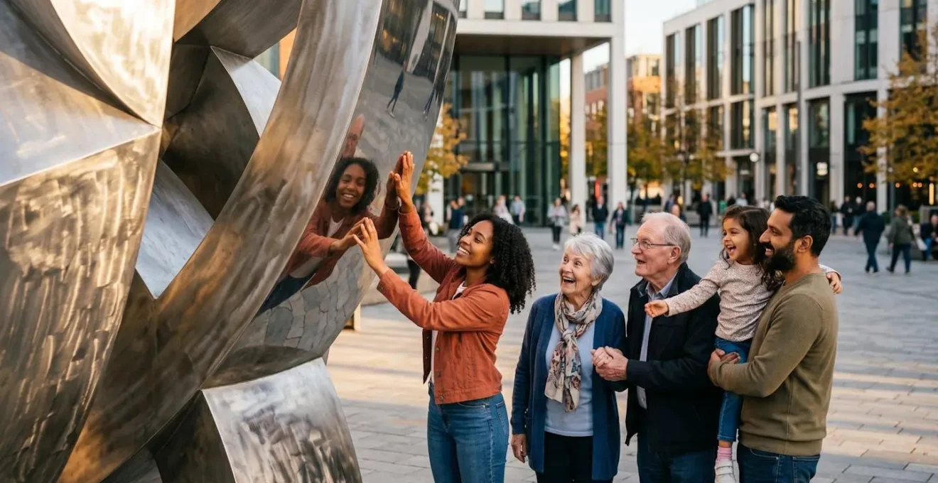 Contemporary public sculpture integrated into new mixed-use development with people interacting