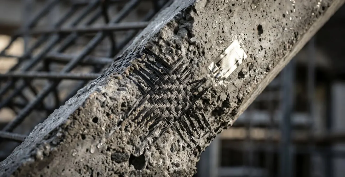 Cross-section view of reinforced concrete cantilever supporting tree planter with visible carbon fiber mesh and strain gauges