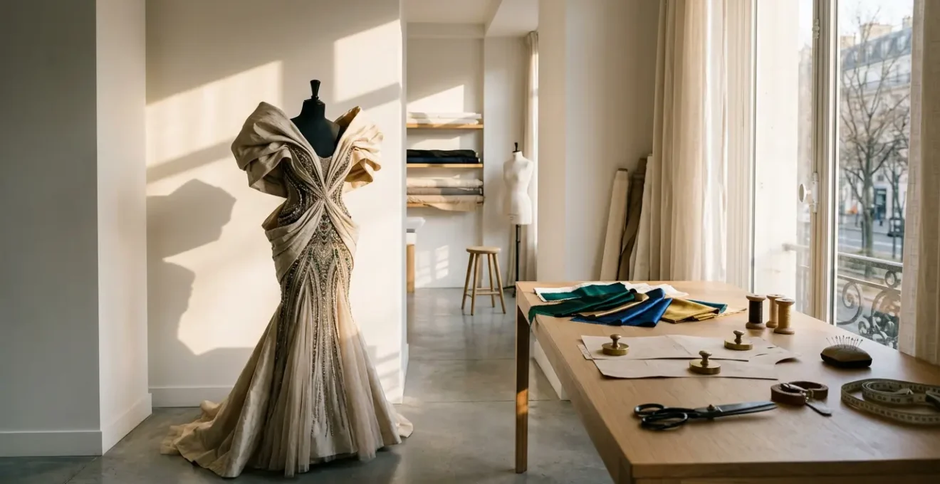 High-fashion atelier scene showcasing the creation of an avant-garde sculptural gown with intricate hand-beading and architectural structure