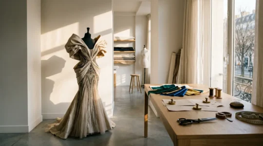 High-fashion atelier scene showcasing the creation of an avant-garde sculptural gown with intricate hand-beading and architectural structure