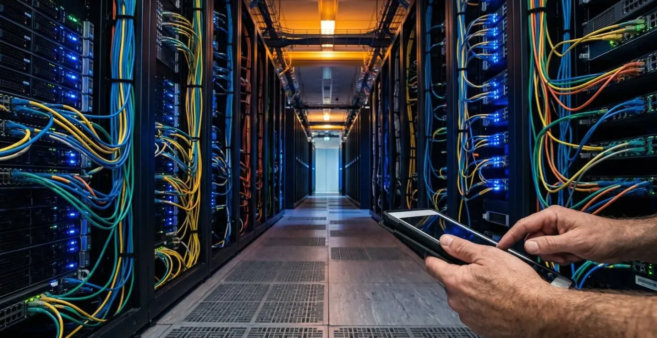 IT professional configuring server infrastructure for museum digital archives with multiple monitors showing data flow