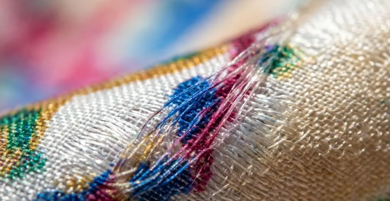 Extreme close-up of printed silk fabric showing light interaction with ink and fiber texture