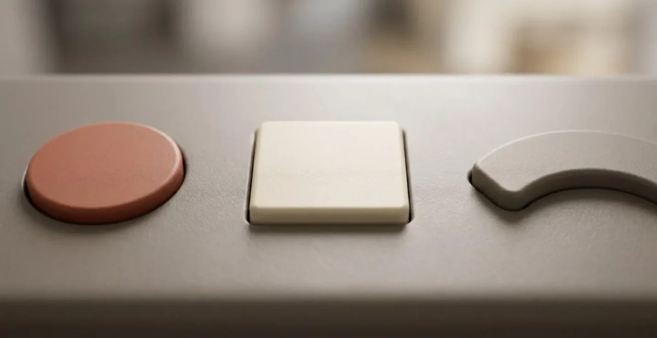 Close-up of large tactile interface buttons designed for intuitive museum interaction