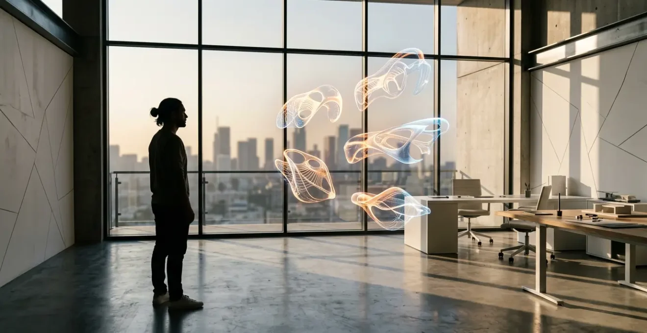 Futuristic industrial design workshop showcasing automated aesthetic generation