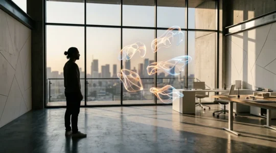 Futuristic industrial design workshop showcasing automated aesthetic generation