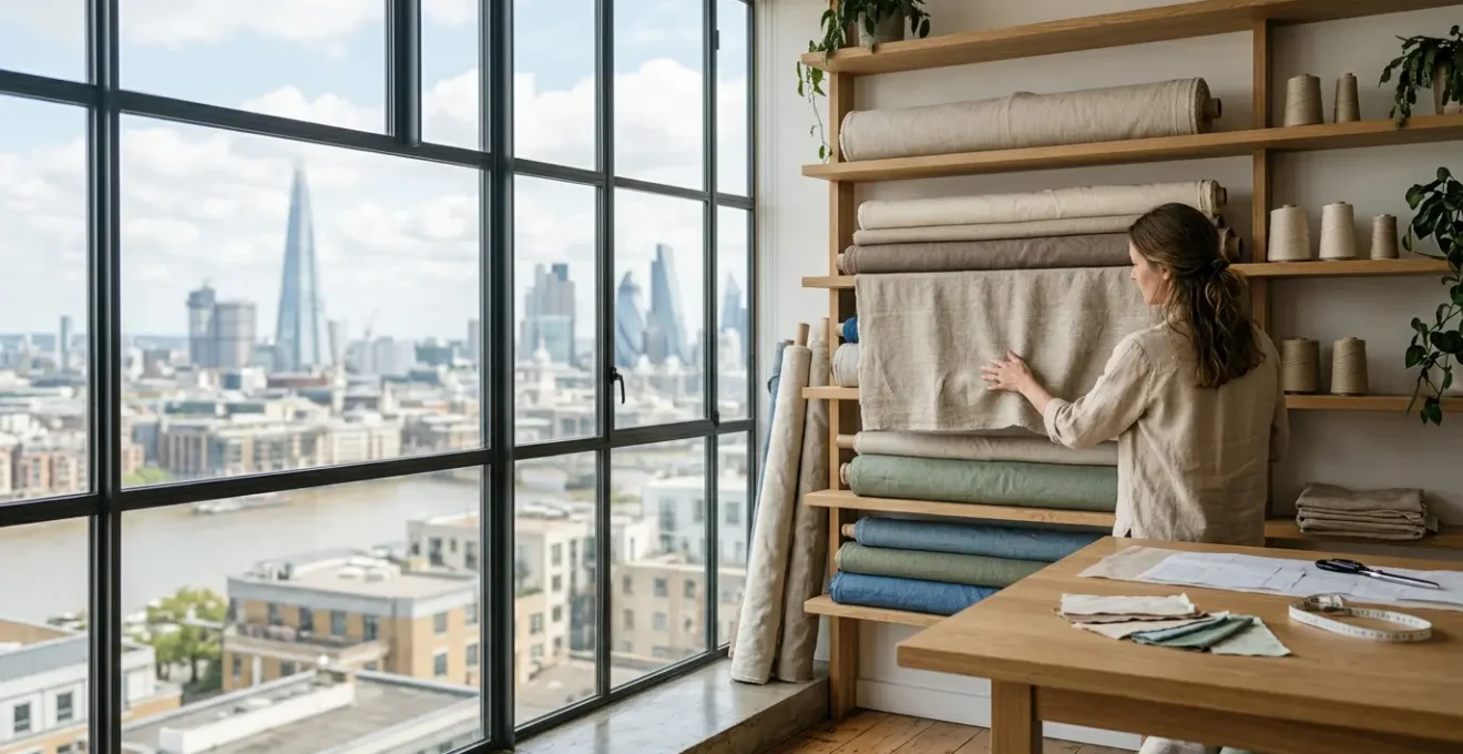 Luxurious organic silk and hemp fabrics displayed in a high-end UK fashion atelier with designer selecting materials