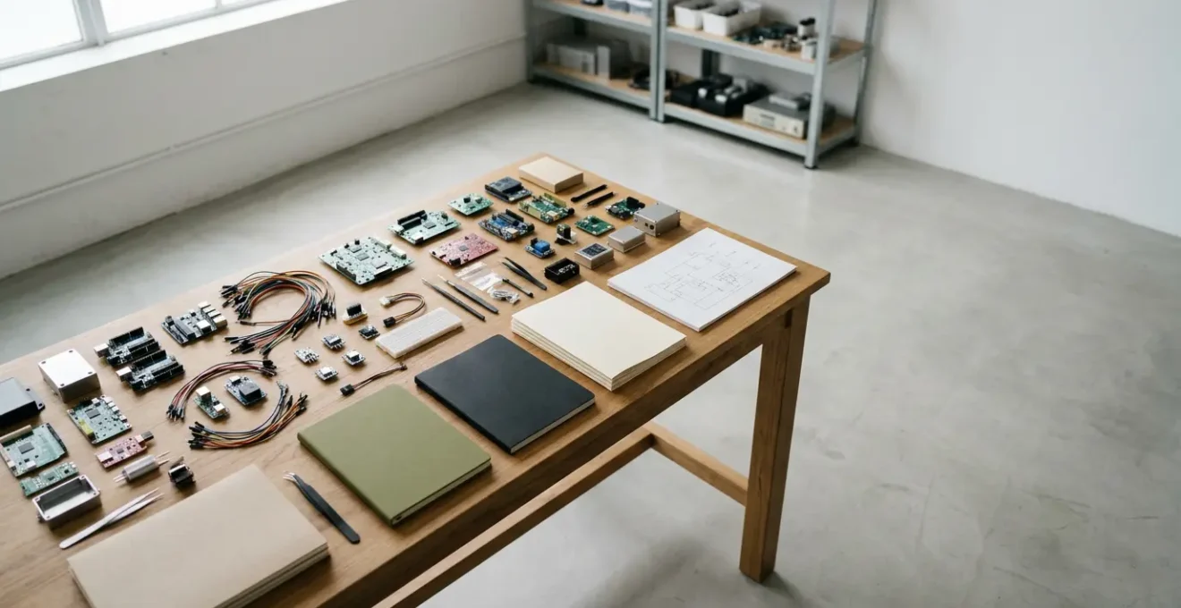 Artist preparing project documentation in modern creative workspace with equipment