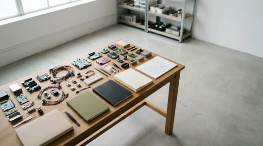 Artist preparing project documentation in modern creative workspace with equipment