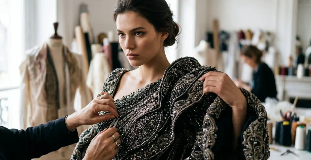 Behind-the-scenes technical fitting session showing movement testing of an elaborate sculptural gown