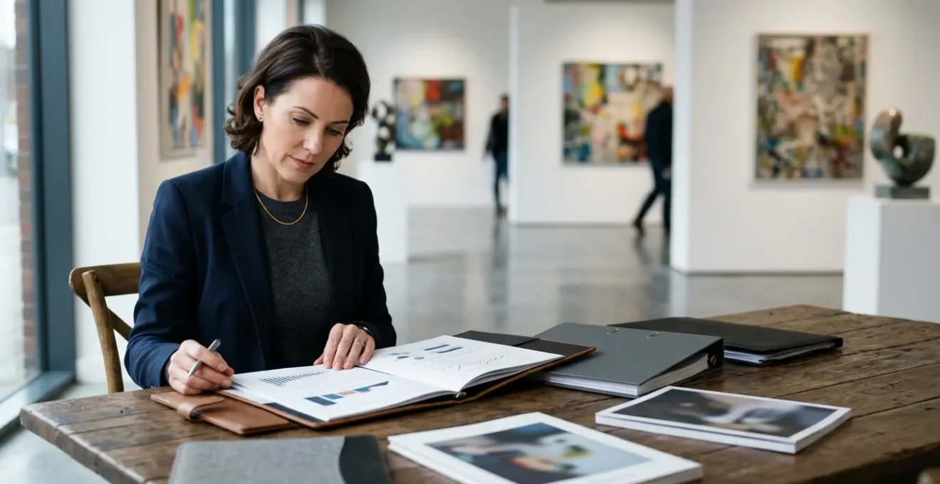 Professional investor analyzing emerging UK artist portfolio in modern gallery space with artworks visible in background
