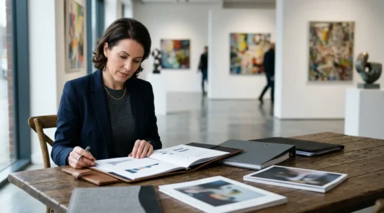 Professional investor analyzing emerging UK artist portfolio in modern gallery space with artworks visible in background