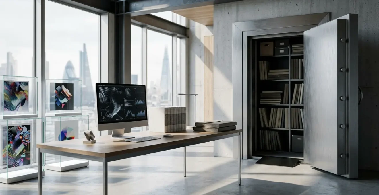 Professional workspace featuring legal documents, artistic portfolios, and secure digital infrastructure representing UK copyright protection in AI training