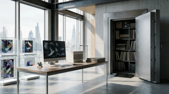 Professional workspace featuring legal documents, artistic portfolios, and secure digital infrastructure representing UK copyright protection in AI training