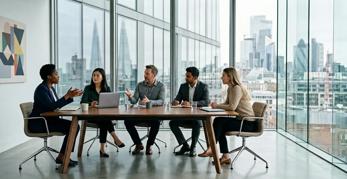Professional meeting room with UK creative professionals discussing AI integration strategies